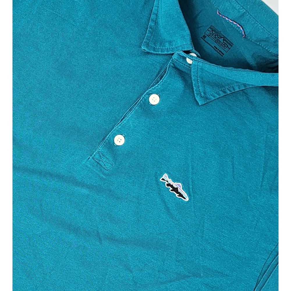Patagonia Trout-Fitz Roy‎ Polo Mens Medium Teal  Short Sleeve Shirt Fish Logo